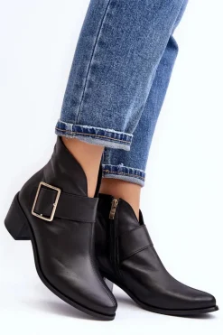 Skórzane Botki Damskie Na Niskim Słupku Z Klamrą Czarne Liliane