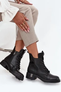 Skórzane Botki Damskie Na Niskim Obcasie Vinceza 66818 Czarne