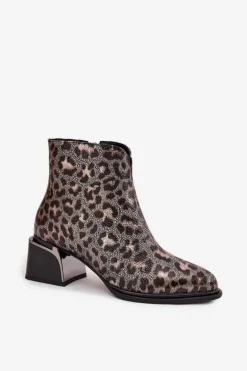 Skórzane Botki Damskie Na Klocku Ocieplane Panterka D&A CR52-622 Czarno-Złote