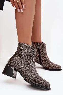 Skórzane Botki Damskie Na Klocku Ocieplane Panterka D&A CR52-622 Czarno-Złote