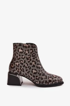 Skórzane Botki Damskie Na Klocku Ocieplane Panterka D&A CR52-622 Czarno-Złote