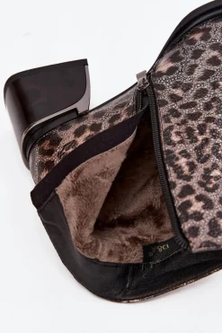 Skórzane Botki Damskie Na Klocku Ocieplane Panterka D&A CR52-622 Czarno-Złote