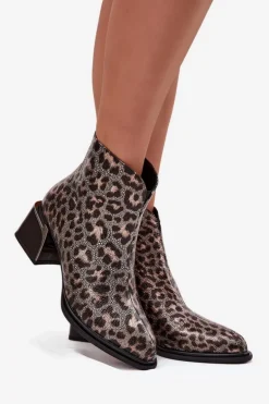 Skórzane Botki Damskie Na Klocku Ocieplane Panterka D&A CR52-622 Czarno-Złote