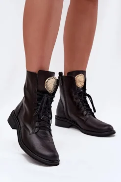 Skórzane Botki Damskie Na Płaskim Obcasie Ze Złotym Detalem Zazoo 3084 Czarne