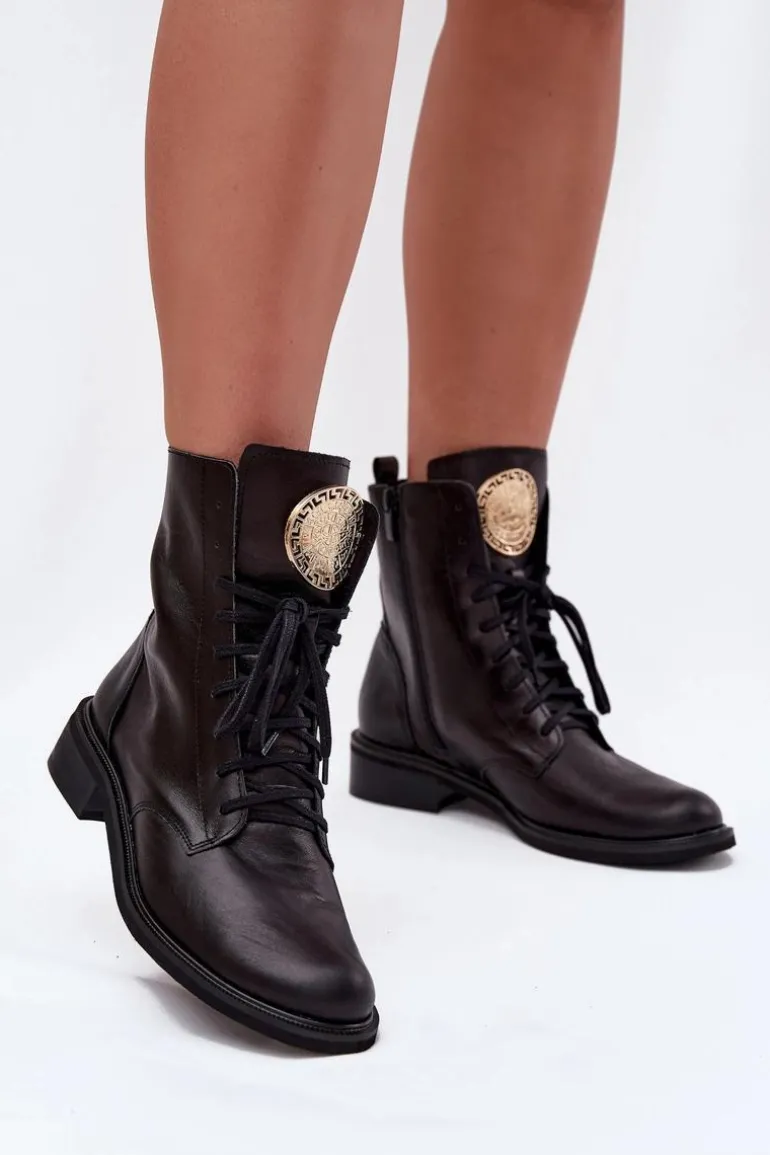 Skórzane Botki Damskie Na Płaskim Obcasie Ze Złotym Detalem Zazoo 3084 Czarne