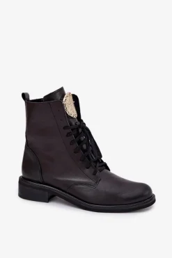 Skórzane Botki Damskie Na Płaskim Obcasie Ze Złotym Detalem Zazoo 3084 Czarne