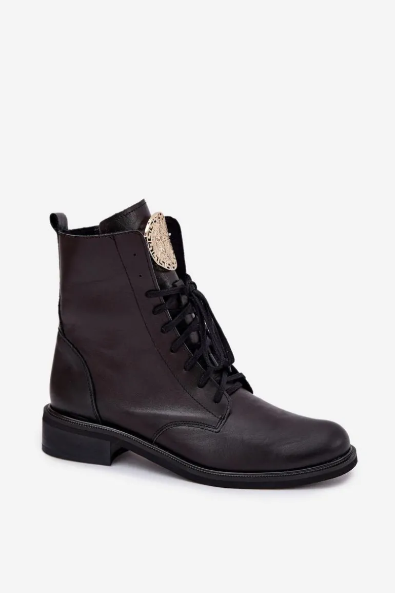 Skórzane Botki Damskie Na Płaskim Obcasie Ze Złotym Detalem Zazoo 3084 Czarne