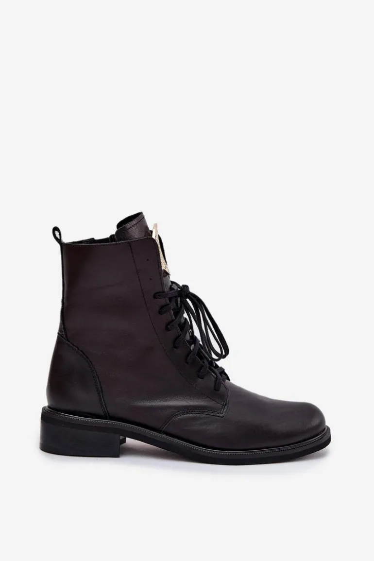 Skórzane Botki Damskie Na Płaskim Obcasie Ze Złotym Detalem Zazoo 3084 Czarne