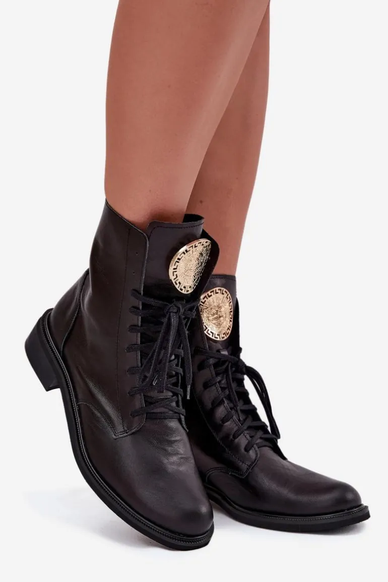 Skórzane Botki Damskie Na Płaskim Obcasie Ze Złotym Detalem Zazoo 3084 Czarne