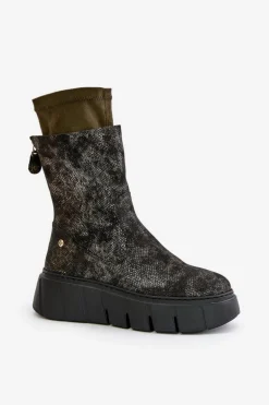 Skórzane Botki Damskie Na Masywnej Platformie Maciejka 06766-09 Khaki