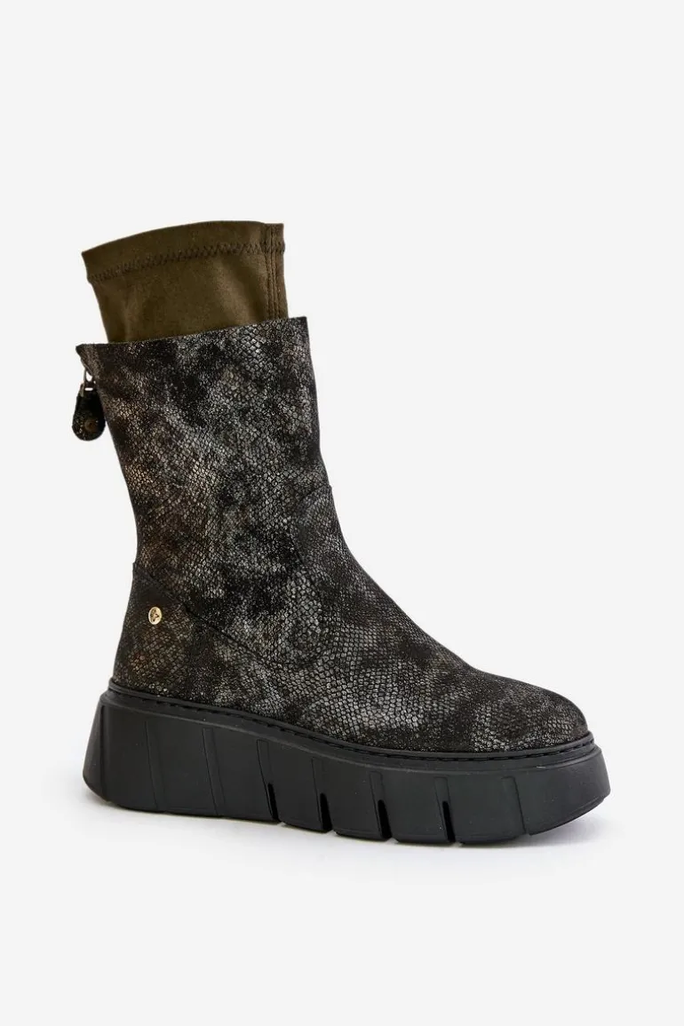 Skórzane Botki Damskie Na Masywnej Platformie Maciejka 06766-09 Khaki