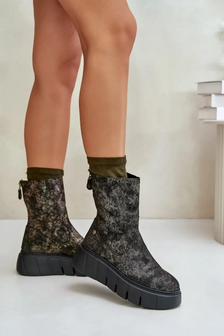 Skórzane Botki Damskie Na Masywnej Platformie Maciejka 06766-09 Khaki