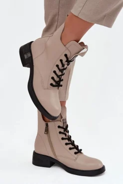 Skórzane Botki Damskie Na Niskim Obcasie Vinceza 66818 Beżowe