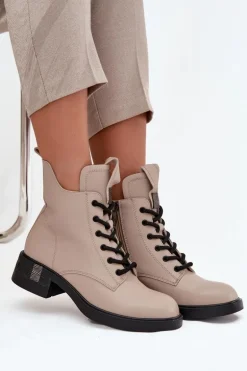 Skórzane Botki Damskie Na Niskim Obcasie Vinceza 66818 Beżowe