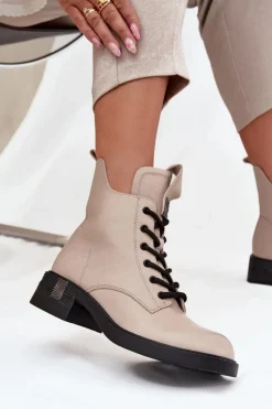 Skórzane Botki Damskie Na Niskim Obcasie Vinceza 66818 Beżowe