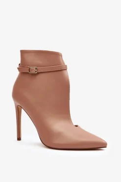 Skórzane Botki Damskie Na Szpilce Beżowe Amalundi