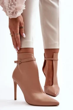 Skórzane Botki Damskie Na Szpilce Beżowe Amalundi