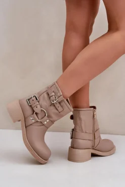 Skórzane Botki Damskie Na Niskim Obcasie Klocku Z Paskami Zazoo 3644 Beżowe