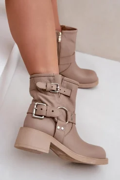 Skórzane Botki Damskie Na Niskim Obcasie Klocku Z Paskami Zazoo 3644 Beżowe