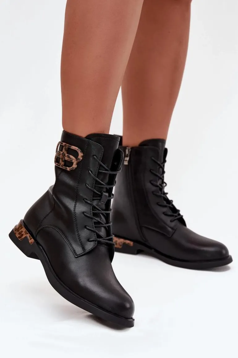 Skórzane Botki Damskie Na Płaskim Obcasie Z Ozdobą Ocieplane Artiker 57C1064 Czarne