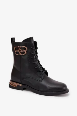 Skórzane Botki Damskie Na Płaskim Obcasie Z Ozdobą Ocieplane Artiker 57C1064 Czarne