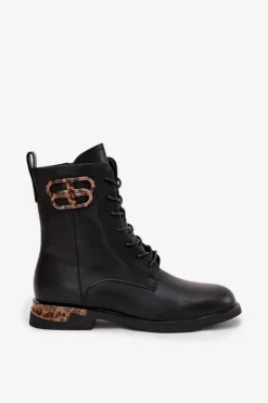 Skórzane Botki Damskie Na Płaskim Obcasie Z Ozdobą Ocieplane Artiker 57C1064 Czarne