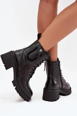 Skórzane Botki Damskie Na Klocku Ocieplane Vinceza 86418 Czarne