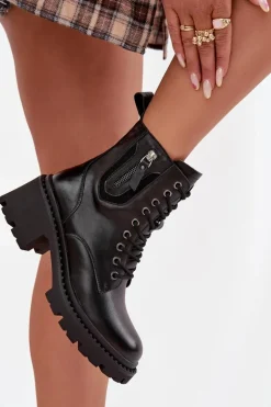 Skórzane Botki Damskie Na Klocku Ocieplane Vinceza 86418 Czarne