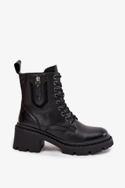 Skórzane Botki Damskie Na Klocku Ocieplane Vinceza 86418 Czarne