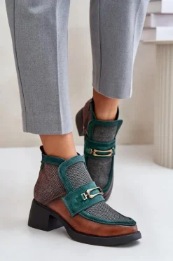Skórzane Botki Damskie Na Masywnym Obcasie Z Ozdobą Maciejka A6747-29 Brązowo-Zielone