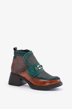 Skórzane Botki Damskie Na Masywnym Obcasie Z Ozdobą Maciejka A6747-29 Brązowo-Zielone
