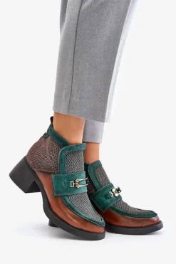 Skórzane Botki Damskie Na Masywnym Obcasie Z Ozdobą Maciejka A6747-29 Brązowo-Zielone