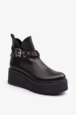 Skórzane Botki Damskie Na Koturnie Platformie Z Paskami Zazoo 1752 Czarne