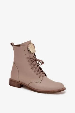 Skórzane Botki Damskie Na Płaskim Obcasie Ze Złotym Detalem Zazoo 3084 Beżowe