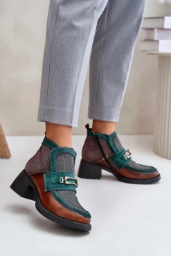 Skórzane Botki Damskie Na Masywnym Obcasie Z Ozdobą Maciejka 06747-29 Brązowo-Zielone