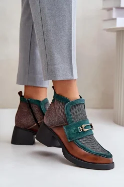 Skórzane Botki Damskie Na Masywnym Obcasie Z Ozdobą Maciejka 06747-29 Brązowo-Zielone