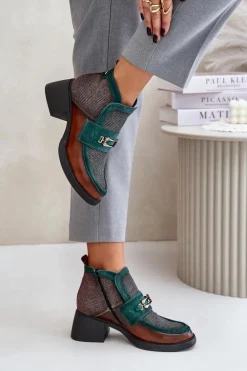 Skórzane Botki Damskie Na Masywnym Obcasie Z Ozdobą Maciejka 06747-29 Brązowo-Zielone