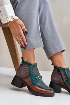Skórzane Botki Damskie Na Masywnym Obcasie Z Ozdobą Maciejka 06747-29 Brązowo-Zielone