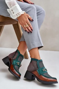 Skórzane Botki Damskie Na Masywnym Obcasie Z Ozdobą Maciejka 06747-29 Brązowo-Zielone