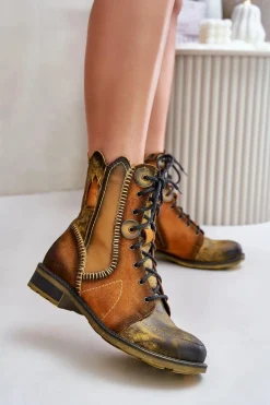 Skórzane Botki Damskie Na Płaskim Obcasie Maciejka 06719-07 Żółte