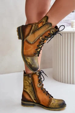 Skórzane Botki Damskie Na Płaskim Obcasie Maciejka 06719-07 Żółte