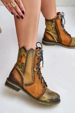 Skórzane Botki Damskie Na Płaskim Obcasie Maciejka 06719-07 Żółte