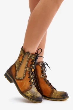 Skórzane Botki Damskie Na Płaskim Obcasie Maciejka 06719-07 Żółte