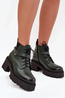 Skórzane Botki Damskie Na Klocku Z Ozdobnym Paskiem Ocieplane Zazoo 60557 Ciemnozielone