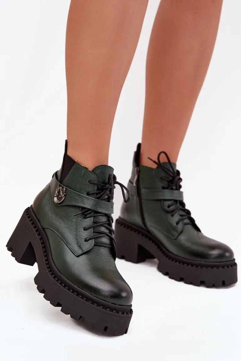 Skórzane Botki Damskie Na Klocku Z Ozdobnym Paskiem Ocieplane Zazoo 60557 Ciemnozielone