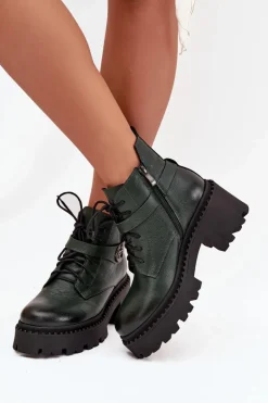 Skórzane Botki Damskie Na Klocku Z Ozdobnym Paskiem Ocieplane Zazoo 60557 Ciemnozielone