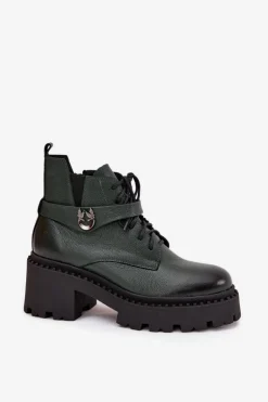 Skórzane Botki Damskie Na Klocku Z Ozdobnym Paskiem Ocieplane Zazoo 60557 Ciemnozielone