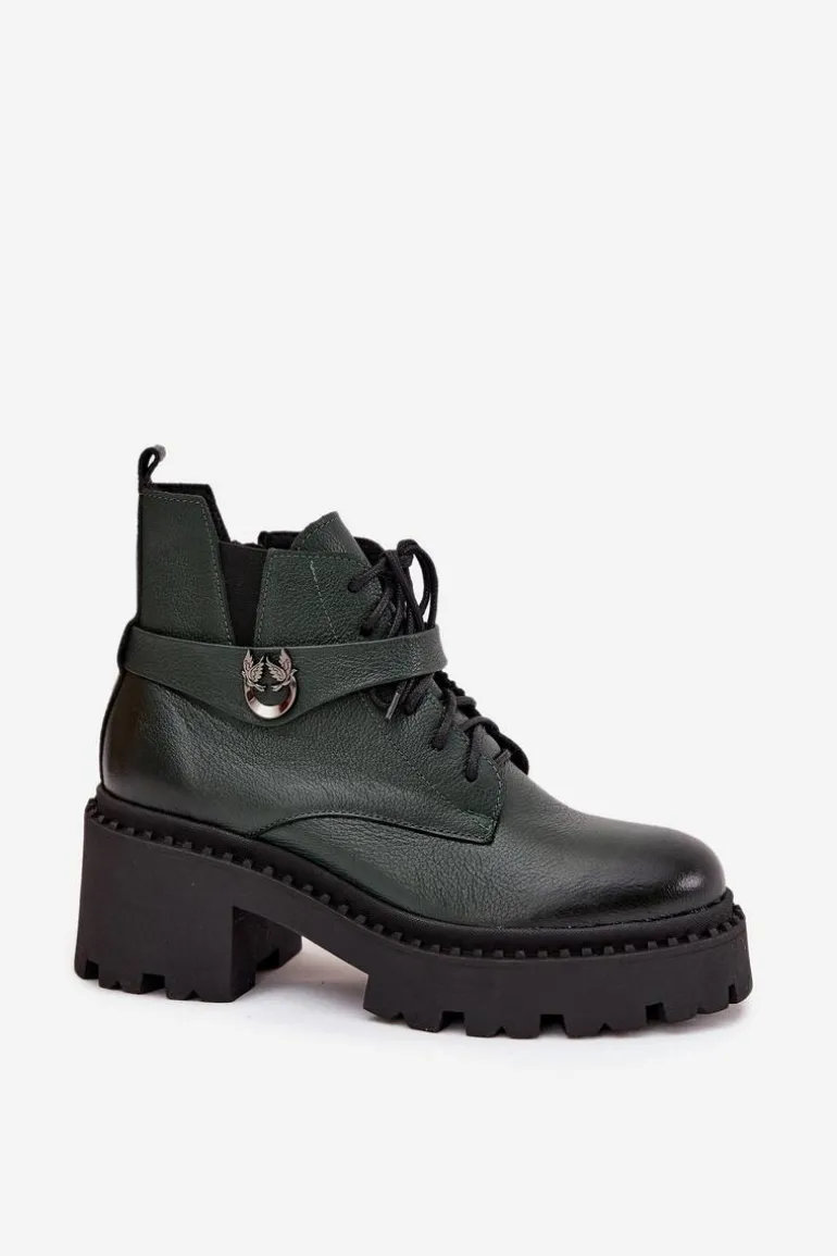 Skórzane Botki Damskie Na Klocku Z Ozdobnym Paskiem Ocieplane Zazoo 60557 Ciemnozielone