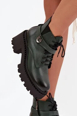 Skórzane Botki Damskie Na Klocku Z Ozdobnym Paskiem Ocieplane Zazoo 60557 Ciemnozielone