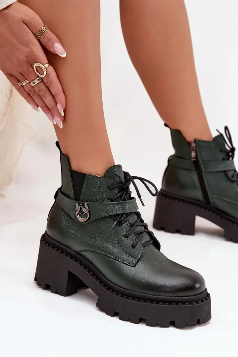 Skórzane Botki Damskie Na Klocku Z Ozdobnym Paskiem Ocieplane Zazoo 60557 Ciemnozielone